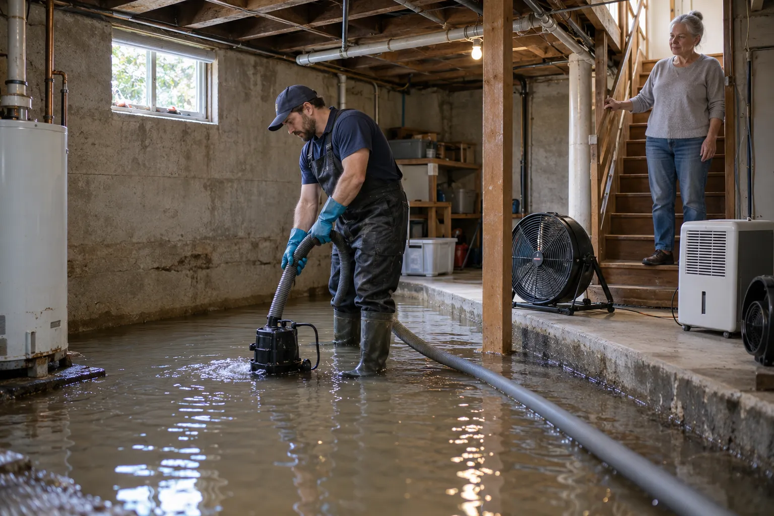 A local provider using a pump and fans to clean a flooded basement in a home near St. Louis