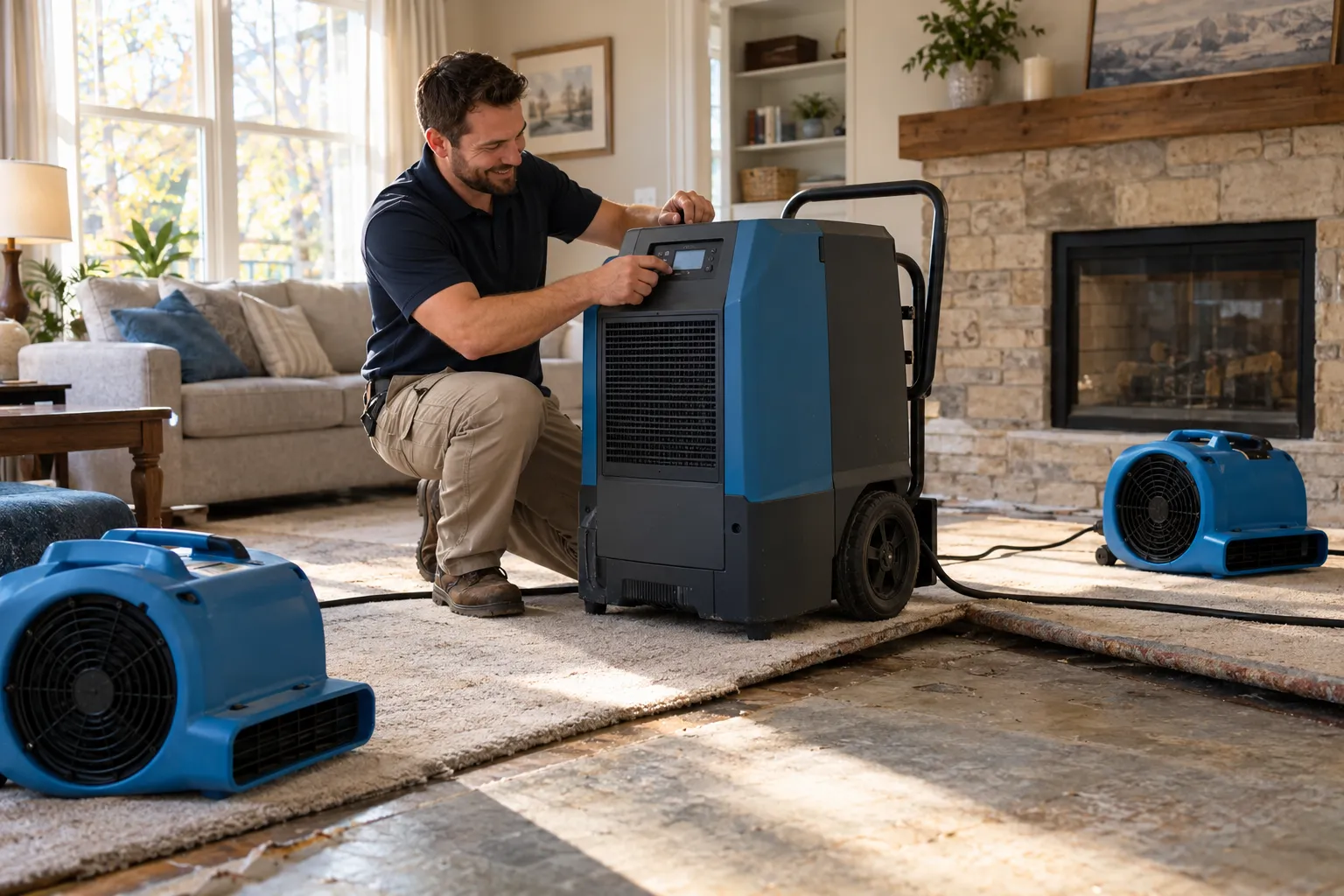 Fans and a dehumidifier drying a room in the Greater St. Louis area