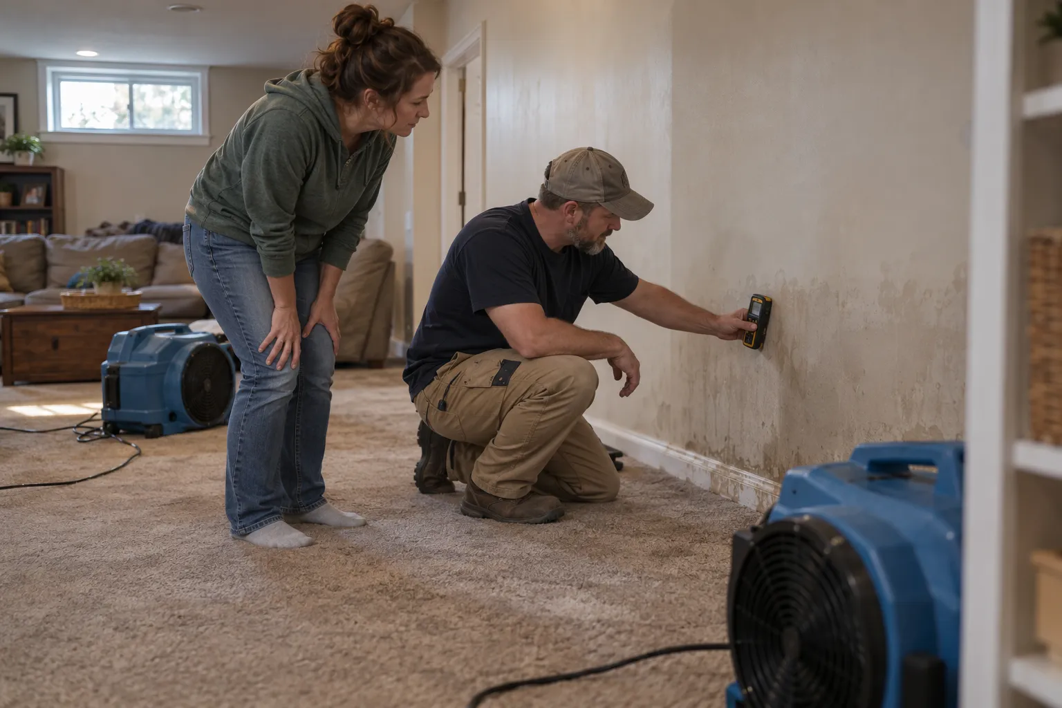 A homeowner in St. Louis checking a damp basement wall with a provider