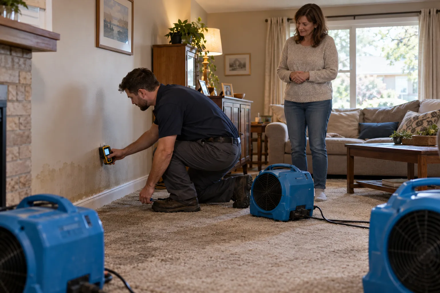A local provider using a moisture meter on a wall in a St. Louis home after water damage