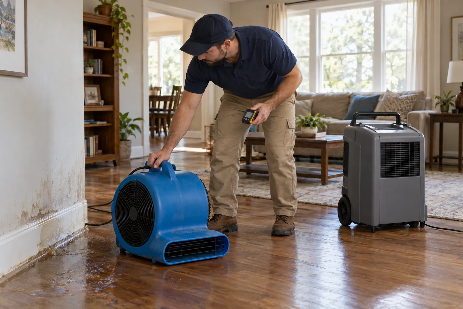 A provider setting up drying equipment in a damp living room near St. Louis